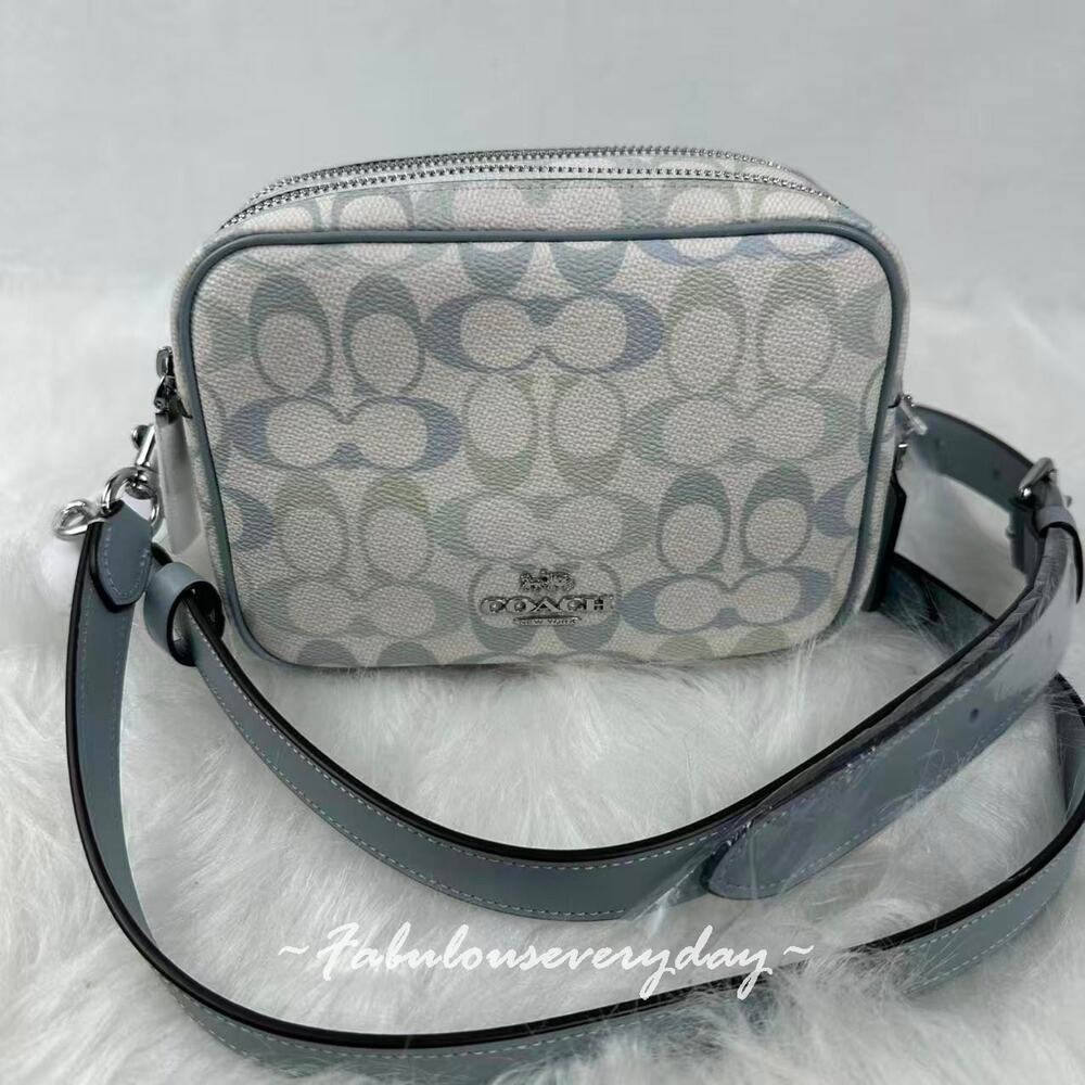 COACH Mini Carey Crossbody Bag In Signature Canvas/Silver/Chalk/Blue CEK72 NWT